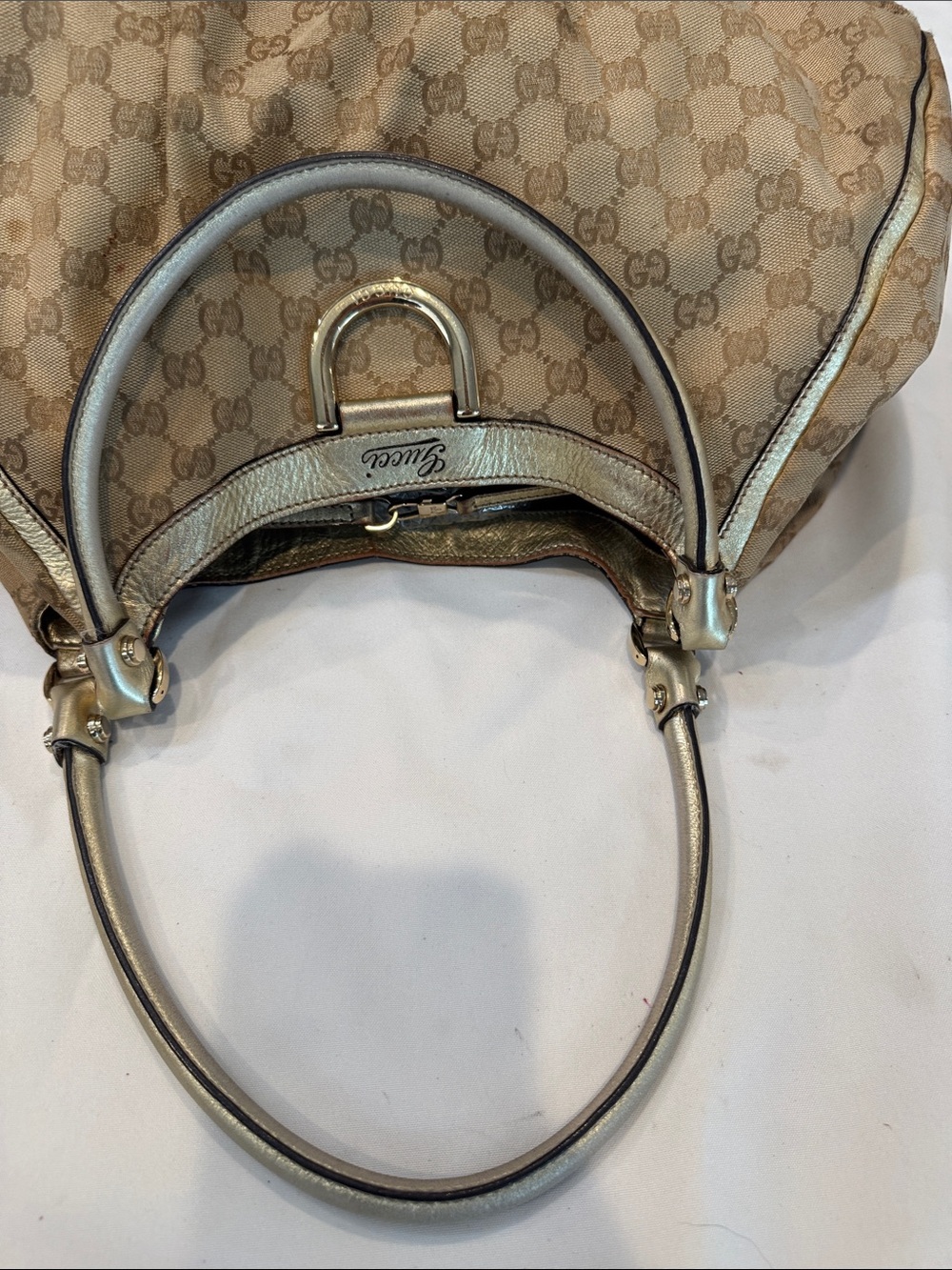 Authentic Gucci Tan GG Monogram Shoulder Bag with Metallic Trim - Picture 8 of 14